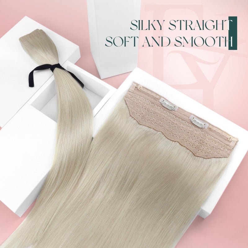 Easyouth Wire Hair Extensions Blonde Invisible Wire Hair Extensions Real Human Hair White Blonde Transparent Fish Line Hair Extension Real Human Hair Easy to Install 18 Inch 80g - Image 2